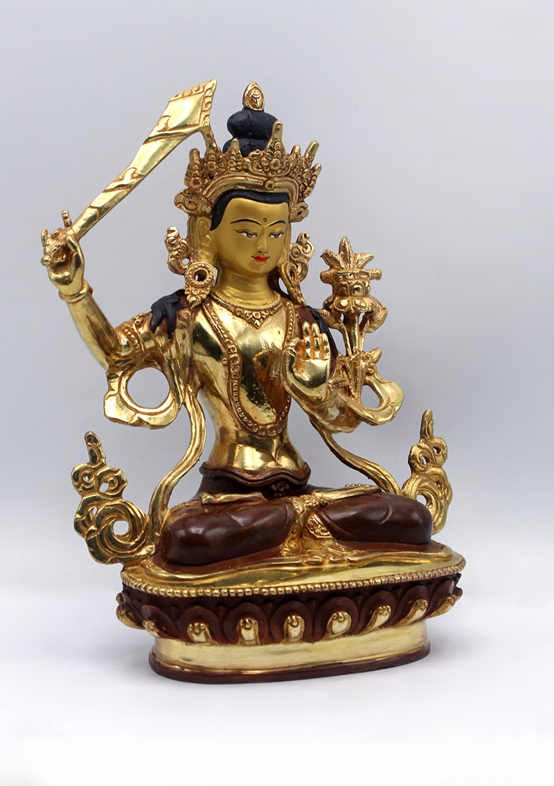 God of Wisdom Gold Plated Manjushri Statue 9" H