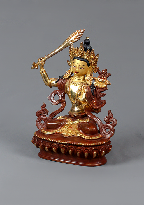 Manjushree Partly Gold Plated Statue 7" H