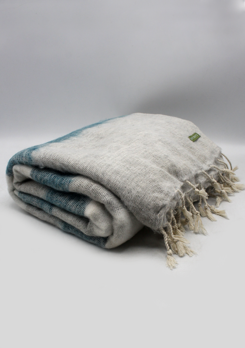 Hand-loomed Beige Blue  Yak Wool Blanket