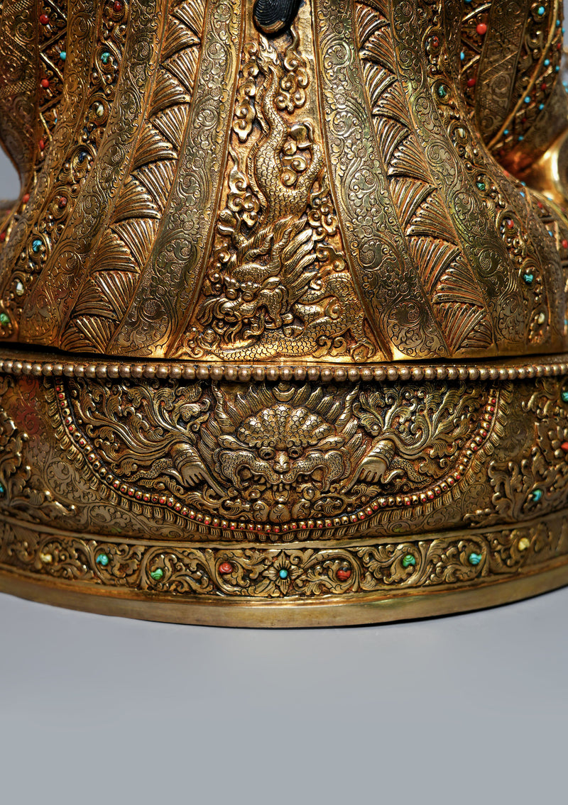 Masterpiece 24K Gold Plated Stone Inlaid Guru Padmasambhava Statue 2 feet High