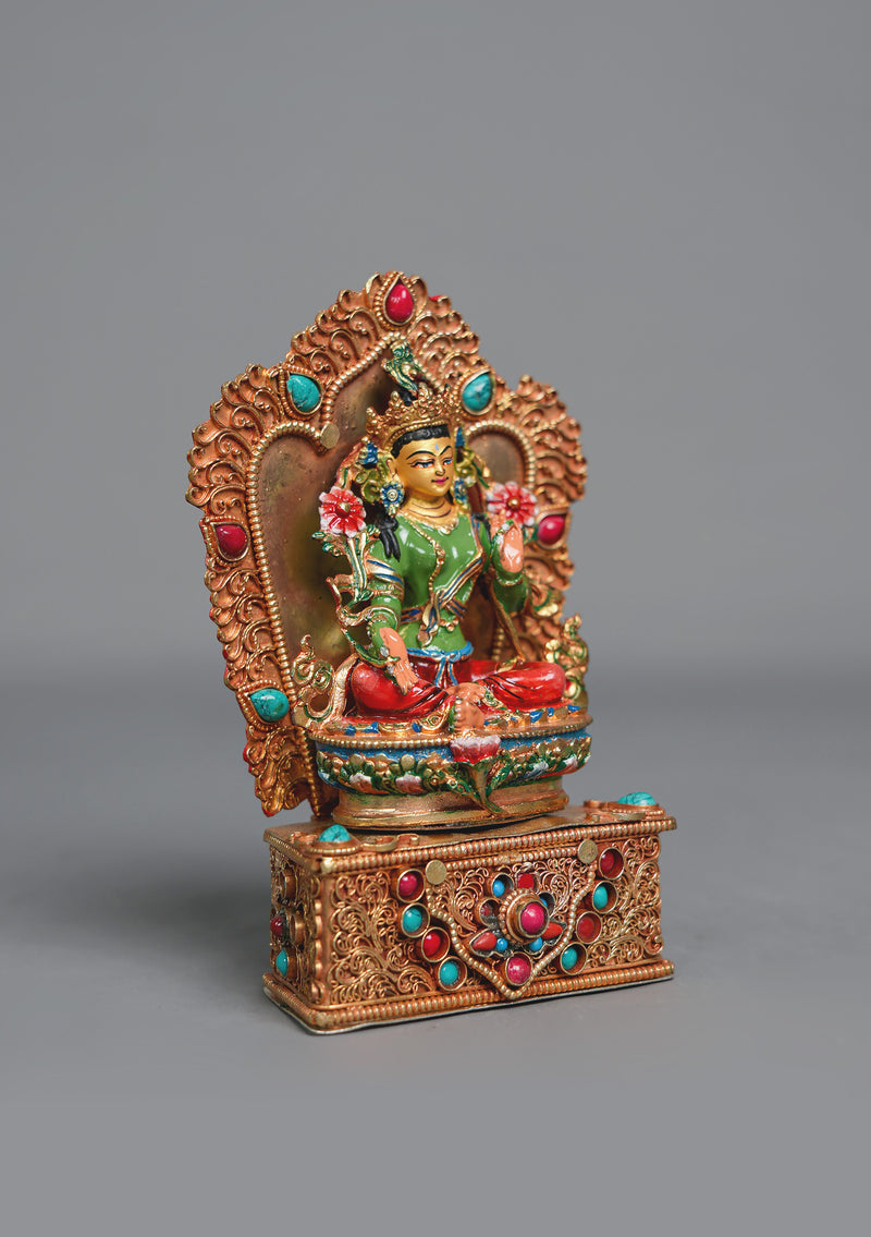 Handpainted Green Tara Statue with Stone-Inlaid Throne
