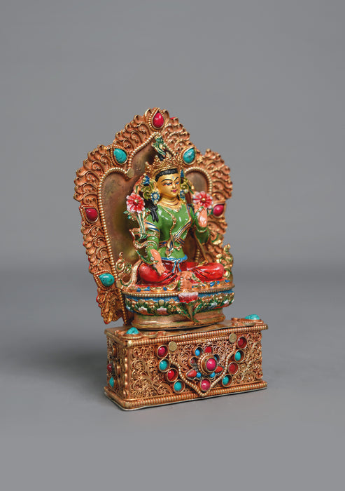 Handpainted Green Tara Statue with Stone-Inlaid Throne