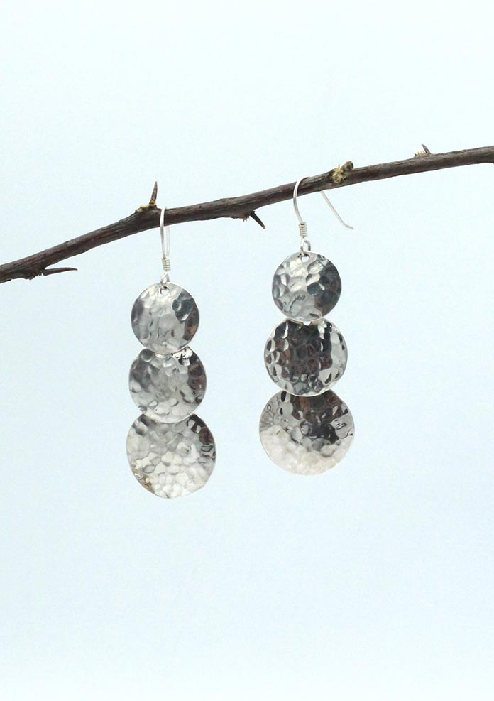 Sterling Silver Three Step  Hammer Dangle Earrings