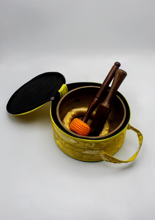 Full Moon Singing Bowl Yellow Brocade Travel Bag 7"