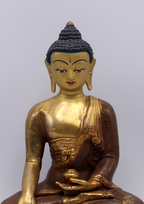Partly Gold Plated Copper Shakyamuni Buddha Statue 8" H