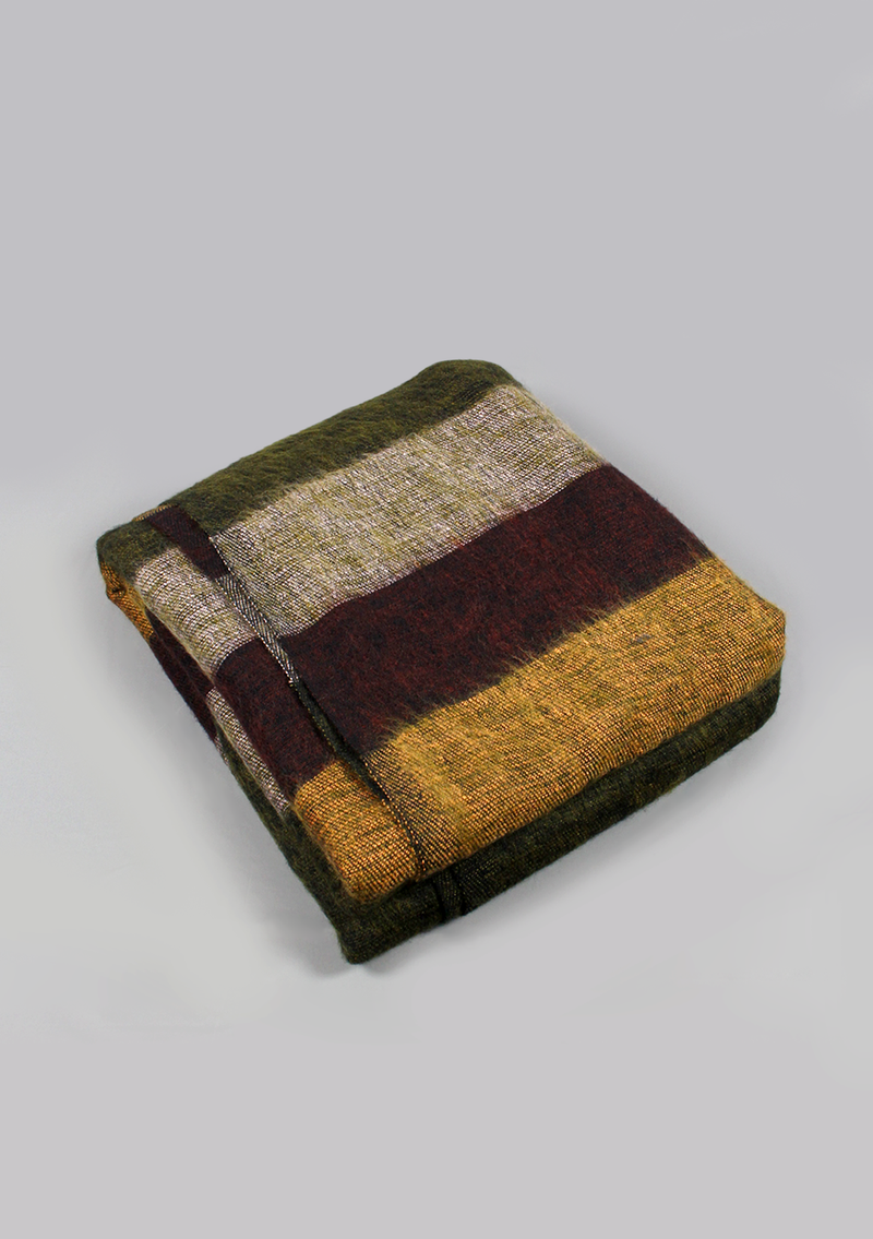 Green Brown Stripe Yak Wool Meditation and Yoga Blanket