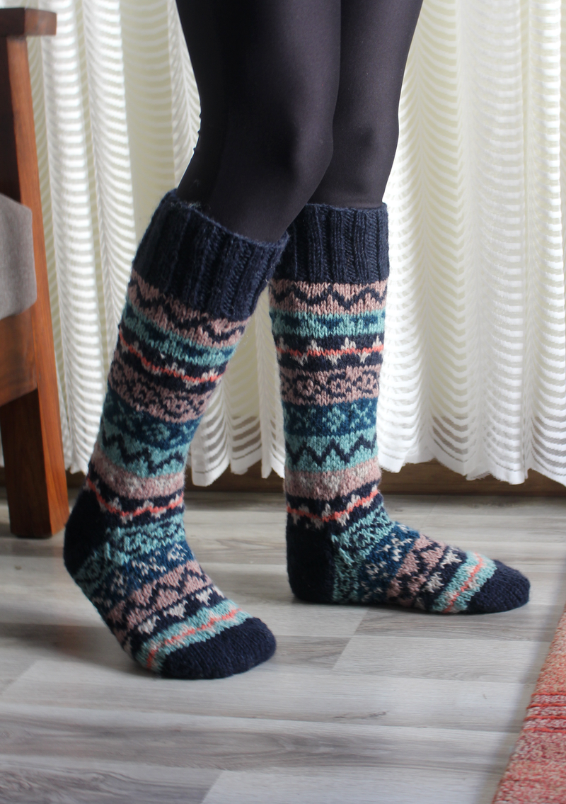 Blue Multicolor Woolen Knee High Socks