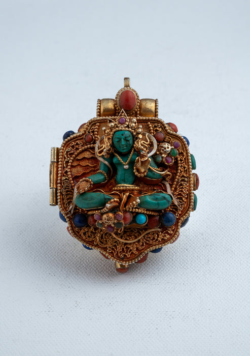 925 Silver Tibetan Double Ghau with Gold Plating - Green Tara & White Tara