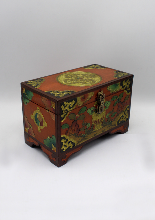 Handpainted Tibetan Double Dorjee Wooden Box with Treasure Vase- Large