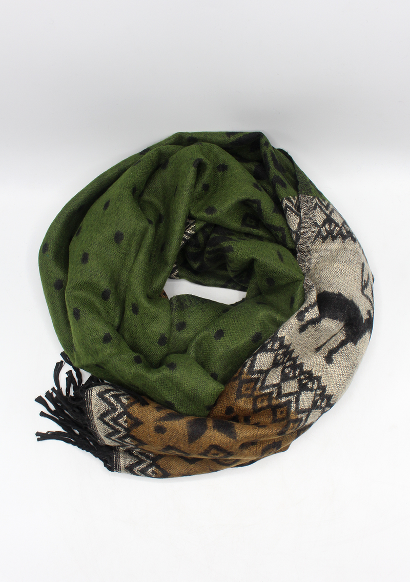Hand loomed Deer Green Woolen Shawl- Red Rose