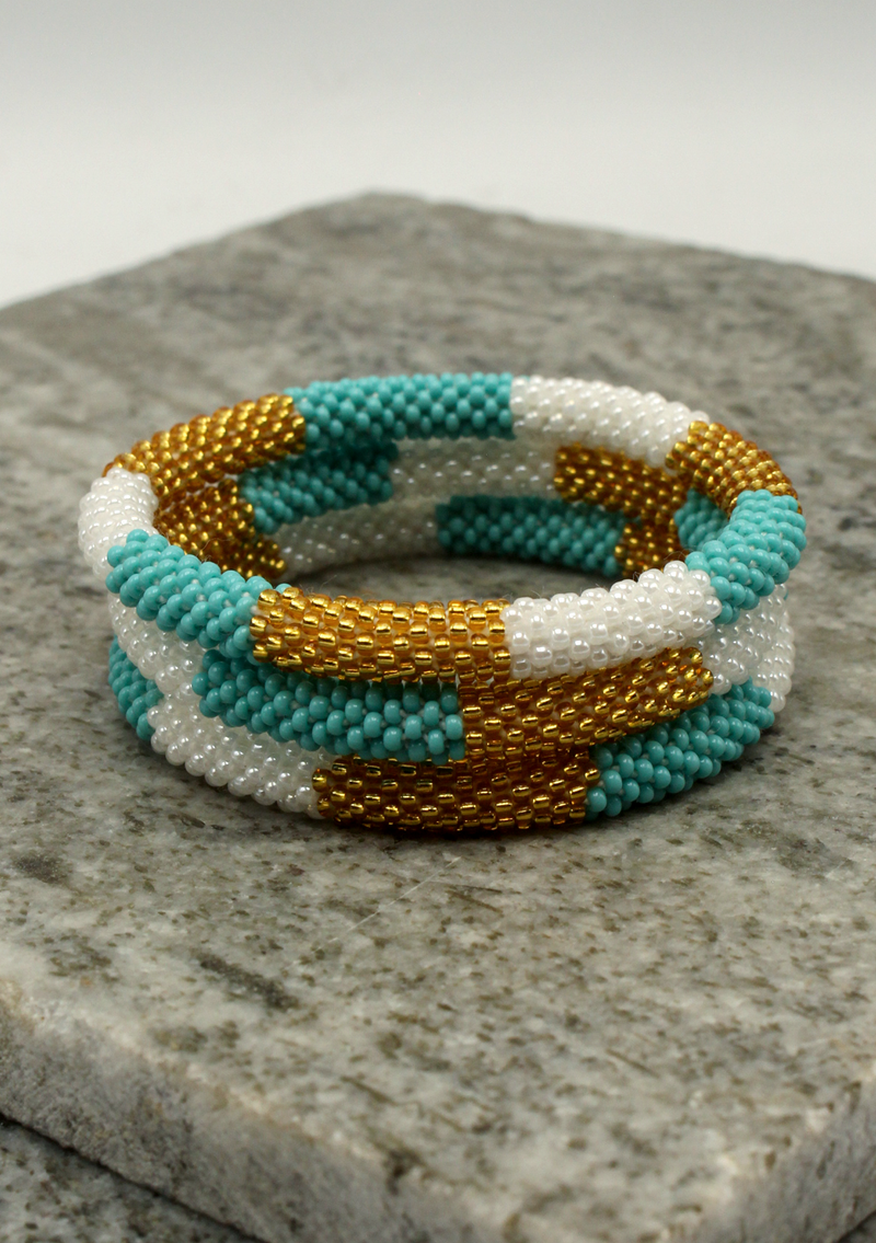Golden Blue Stripe  Roll on Beads Bracelet