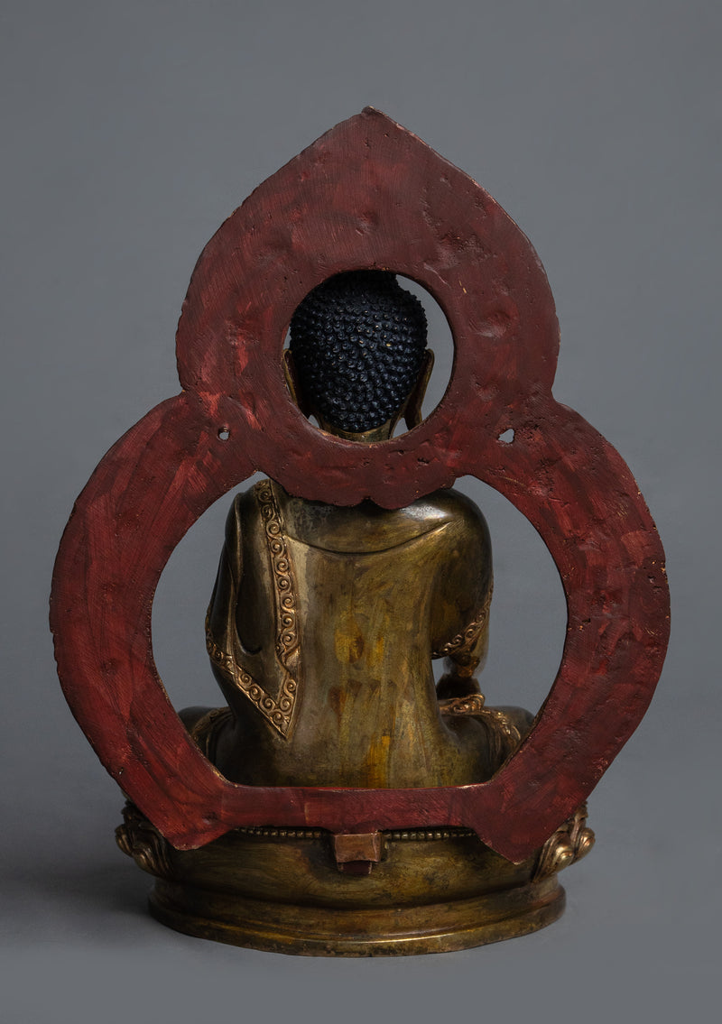 Partly Gold Plated Shakyamuni Buddha Statue with Hand-Painted Mandorla – 10" Handmade Nepalese Buddhist Art
