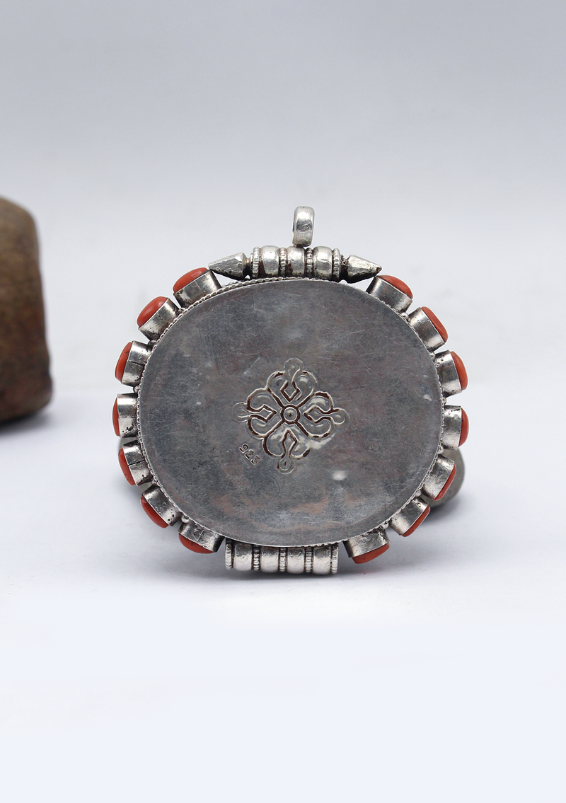 Handcrafted Tibetan Turquoise & Coral Silver Sterling Ghau Pendant