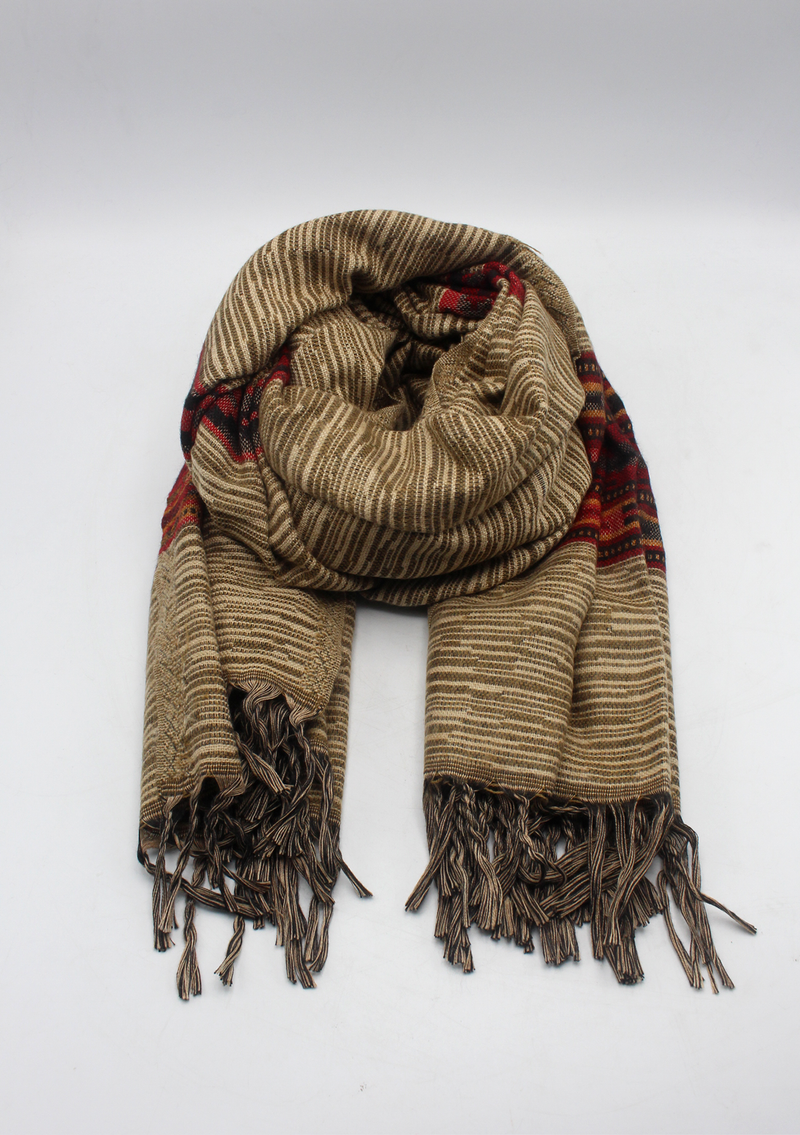 Hand loomed Maroon Grey Lined Woolen Shawl Nepal- Life Line