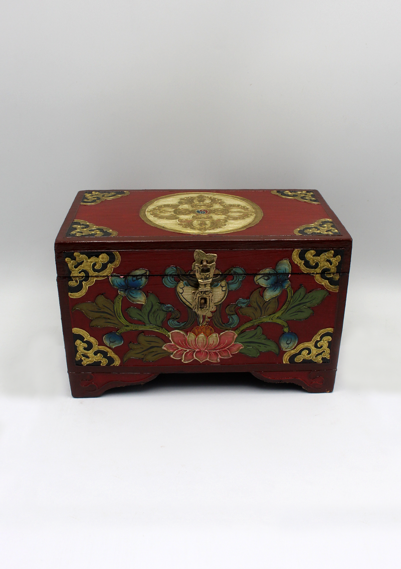 Handpainted Tibetan Double Dorjee Green Wooden Box -Large
