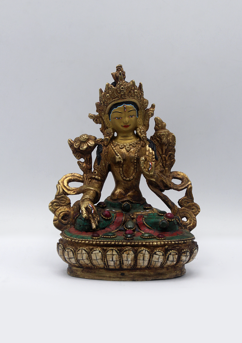 Stone Inlaid Copper White Tara Statue 6"H