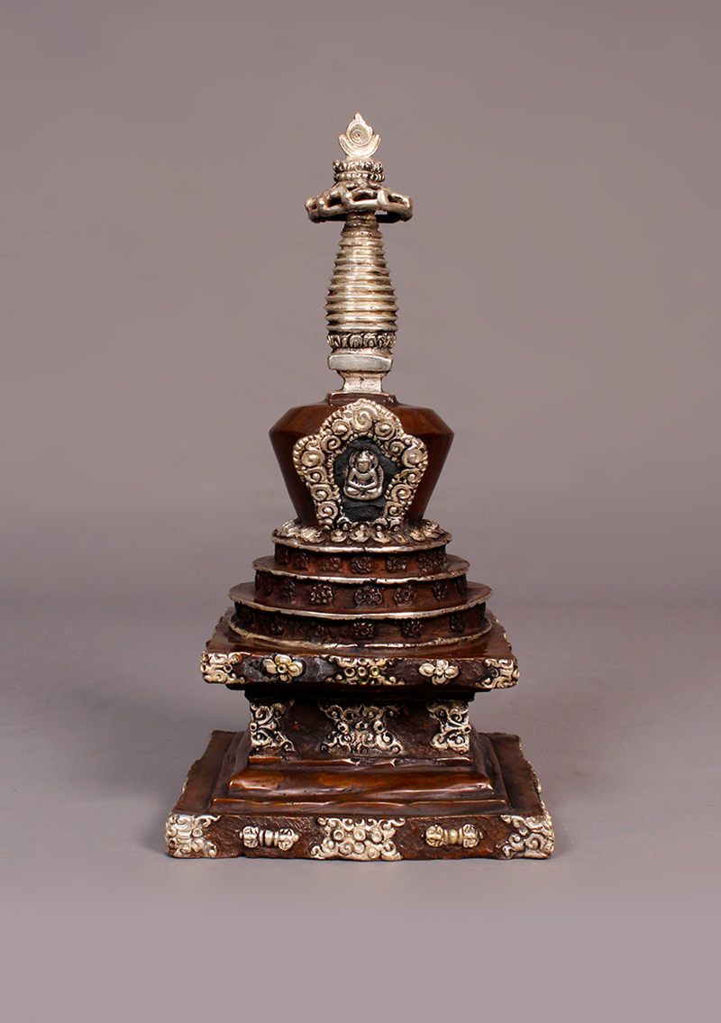Silver Copper Tibetan Chorten Stupa 9"H