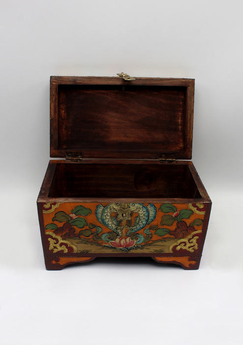 Handpainted Tibetan Endless Knot  Orange Wooden Box with Golden Fish- Large