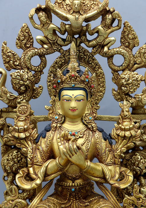 Maitreya Buddha 24 K Gold Copper Statue 13.5" H