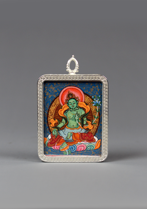 Green Tara Hand Painted Mini Thangka Amulet Pendant Silver Box