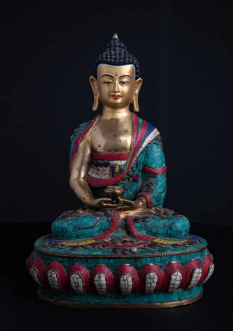 13" Shakyamuni Buddha Statue with Turquoise & Coral Inlay | Handmade in Nepal