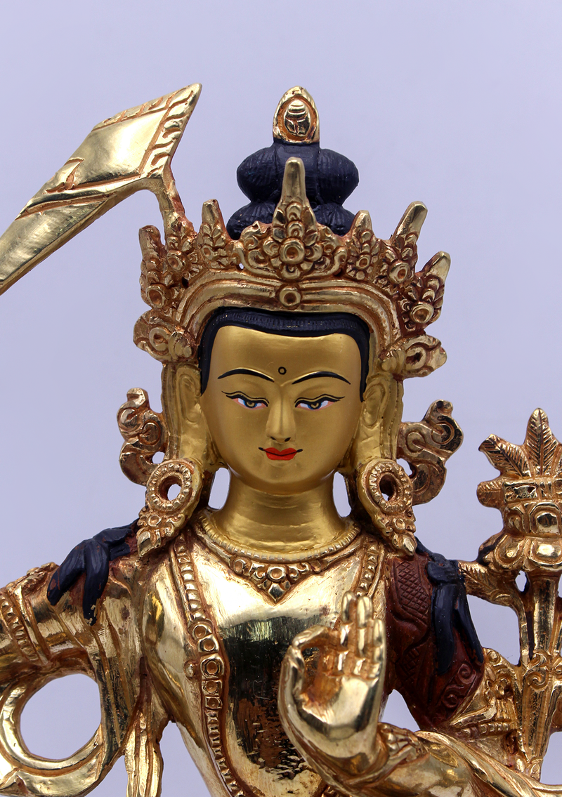 God of Wisdom Gold Plated Manjushri Statue 9" H