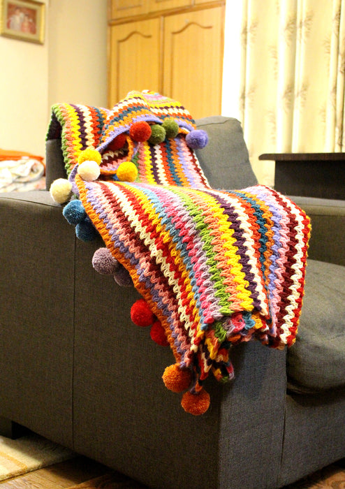 Rainbow Multicolor Hand Knitted Pom Pom Woolen Blanket