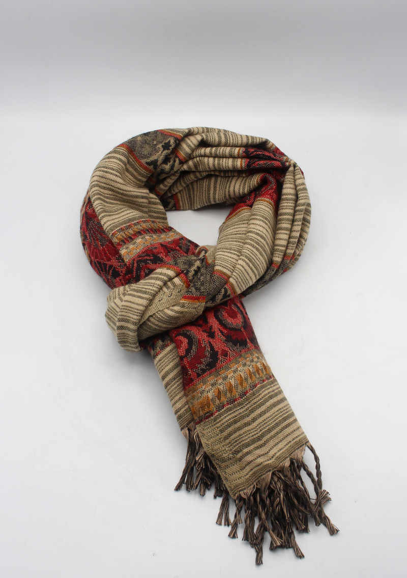 Hand loomed Maroon Brown Lined Woolen Shawl Nepal- Saugat