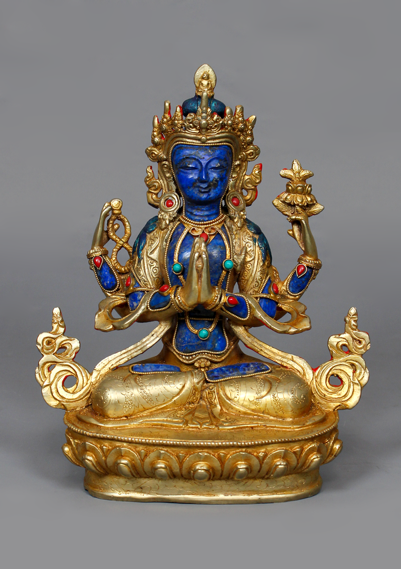 Gold Plated Lapis Lazuli Chenrezig Statue 8.75" H