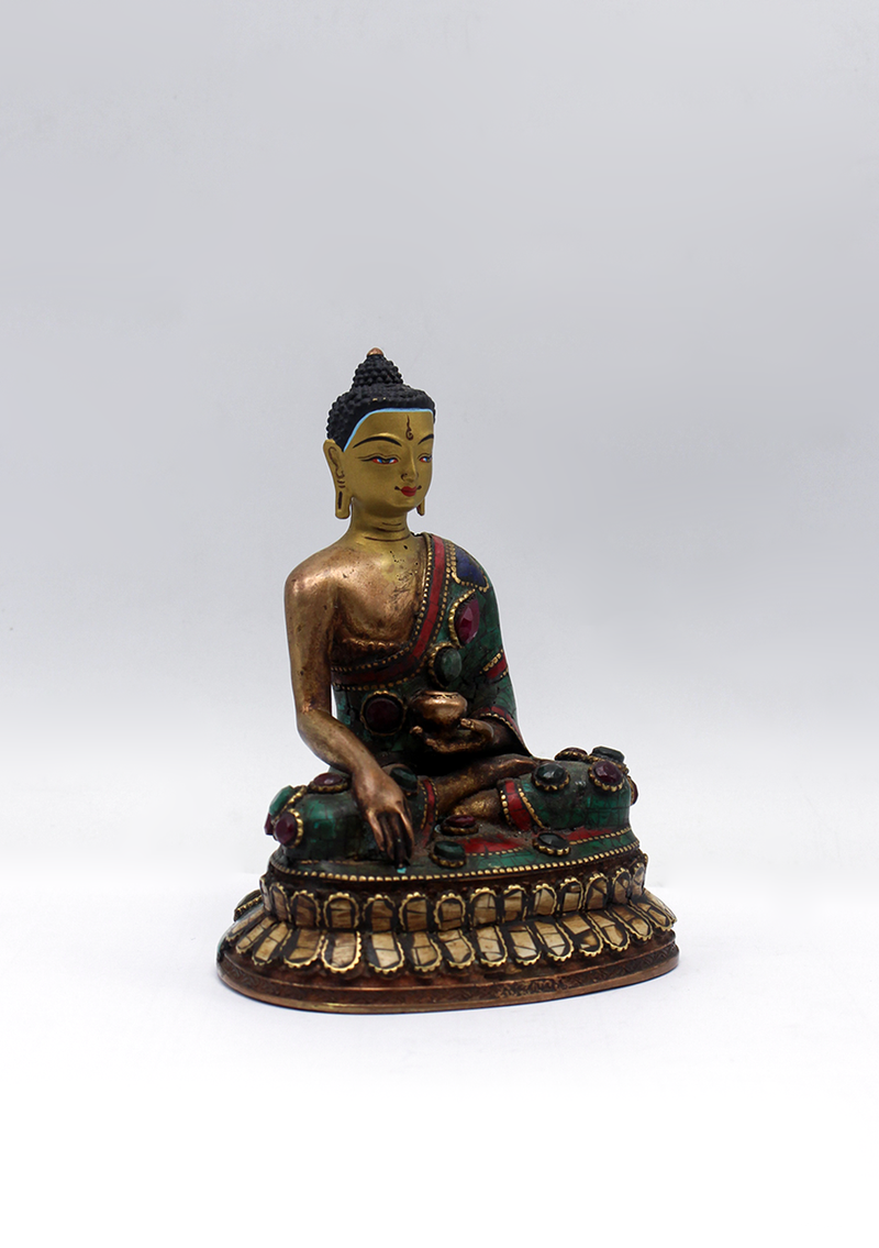 Stone Inlaid Copper Shakyamuni Buddha Statue 4.5"H
