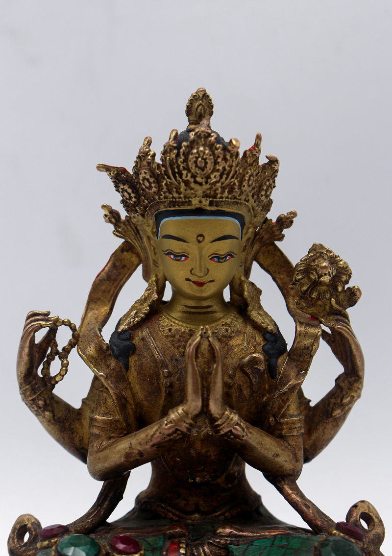 Stone Inlaid Copper Chenrezig Statue 4.5"H