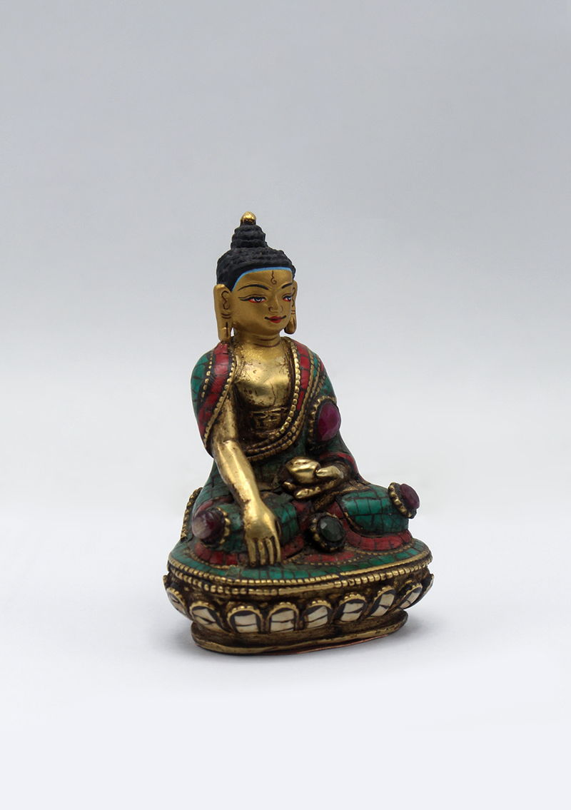 Stone Inlaid Copper Shakyamuni Buddha Statue 3"H