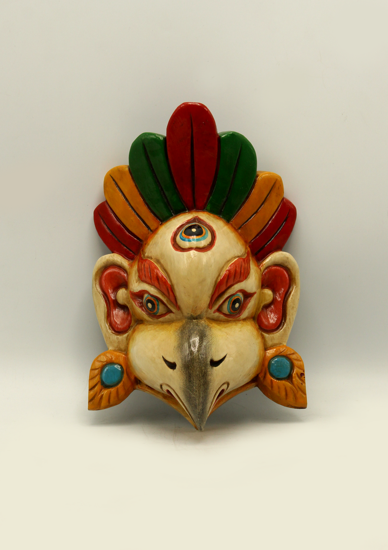 Handcarved and HandPainted Wooden Garud Wall Hanging Mask - White