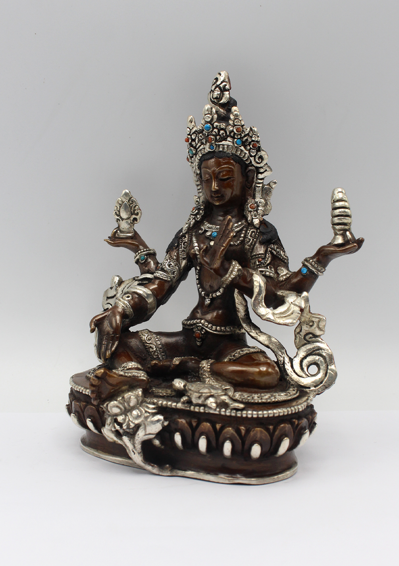Copper Silver Inlaid Laxmi Statue 6" H