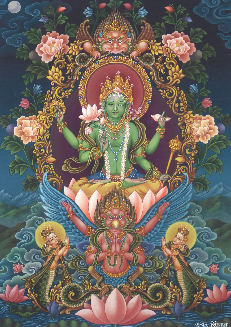 Vishnu  Masterpiece Thangka  Painting Print Signed  by the Artisan Sundar Sinkhwal