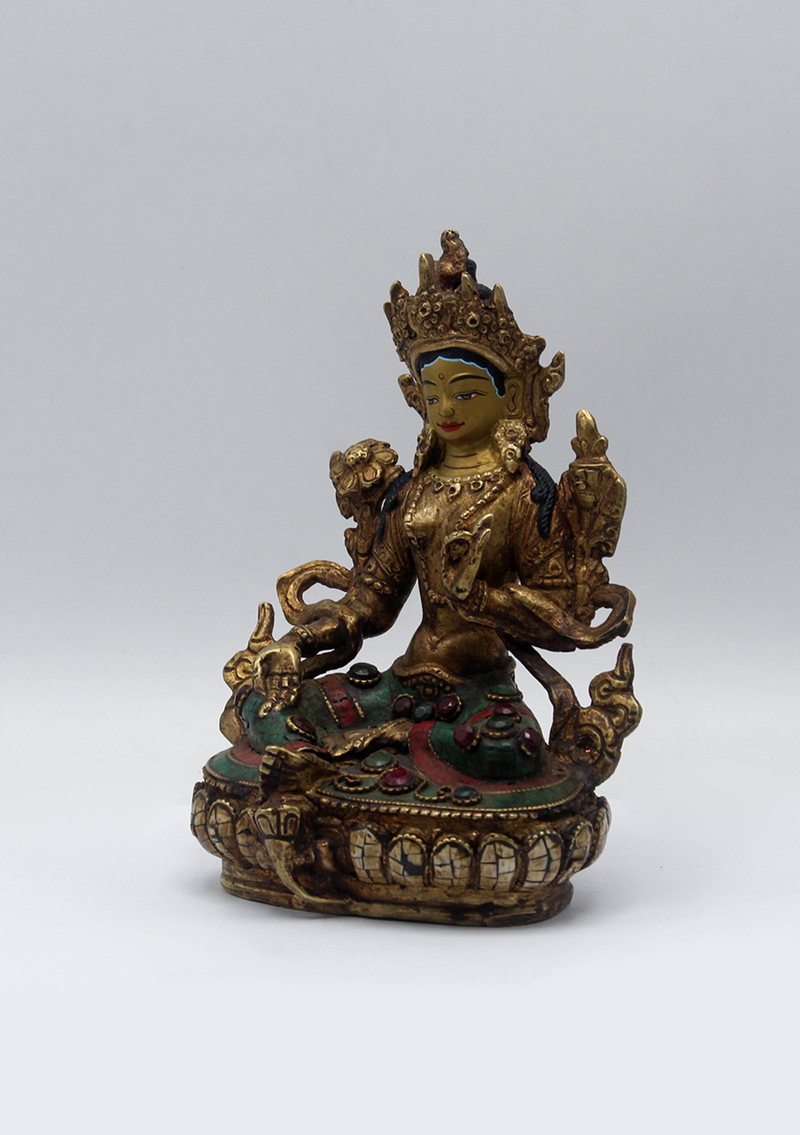 Stone Inlaid Copper Green Tara Statue 6"H (2)