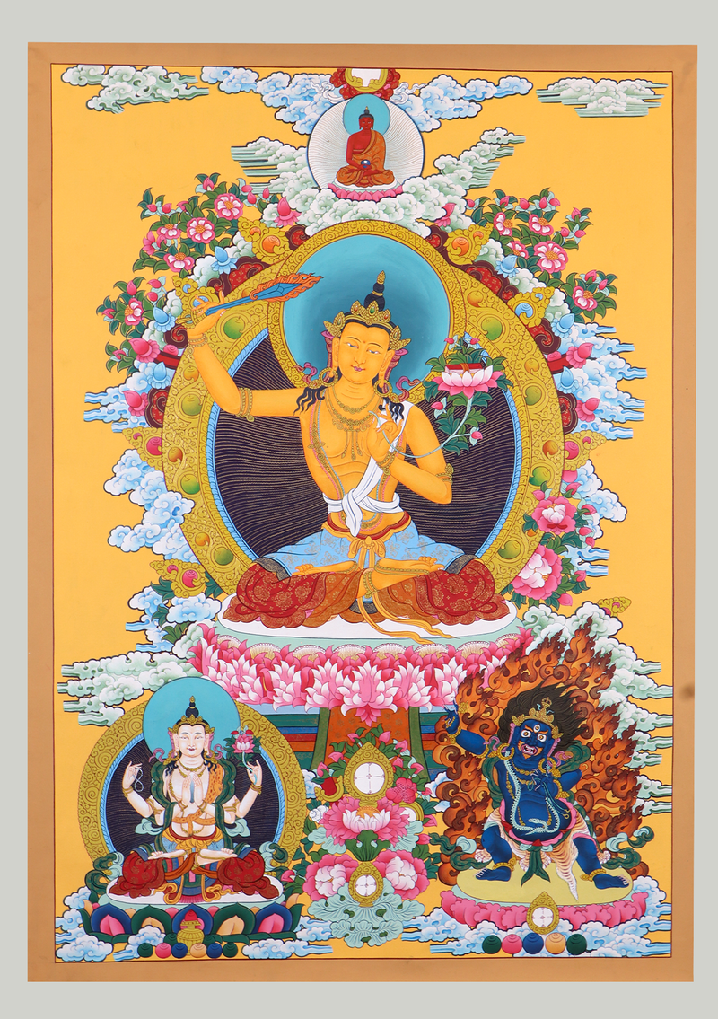 Manjushri Thangka Painting Orange Background
