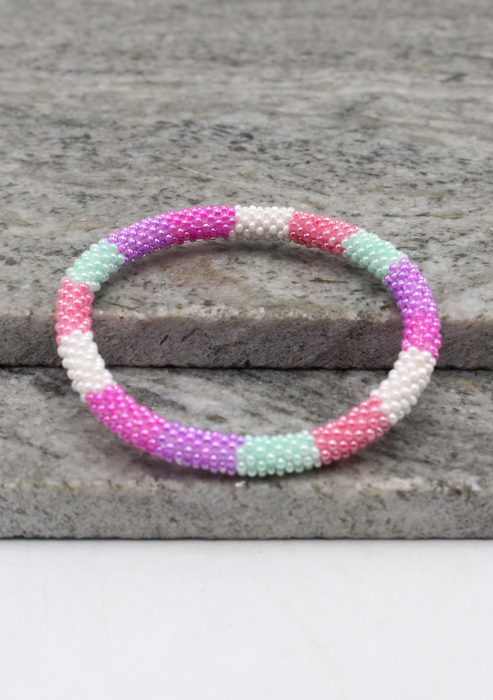 Pink White Stripe Nepalese Roll on Beads Bracelet