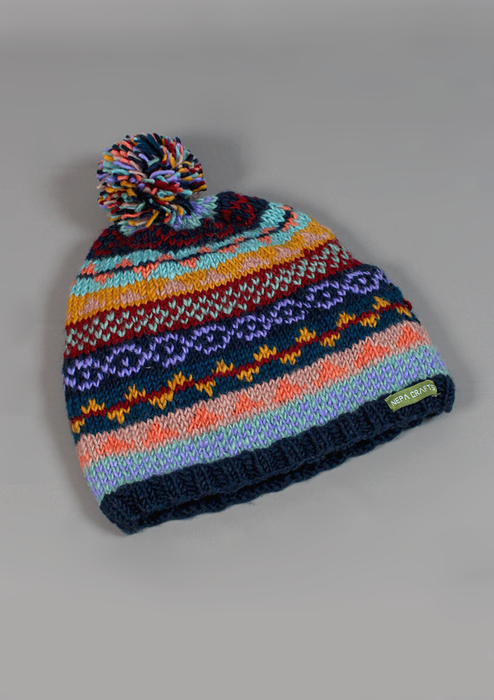 Handknitted Woolen Dark Blue Multicolor Pompom Beanie