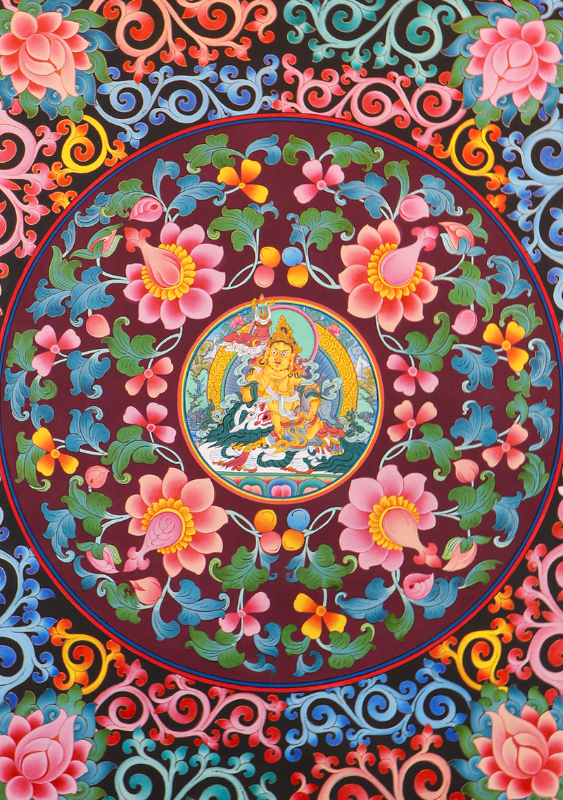 Yellow Dzambala  Flower Circle Thangka Painting