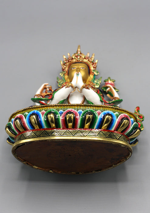 Hand Painted Four Armed White Chenrezig Partly Gold Plated Statue