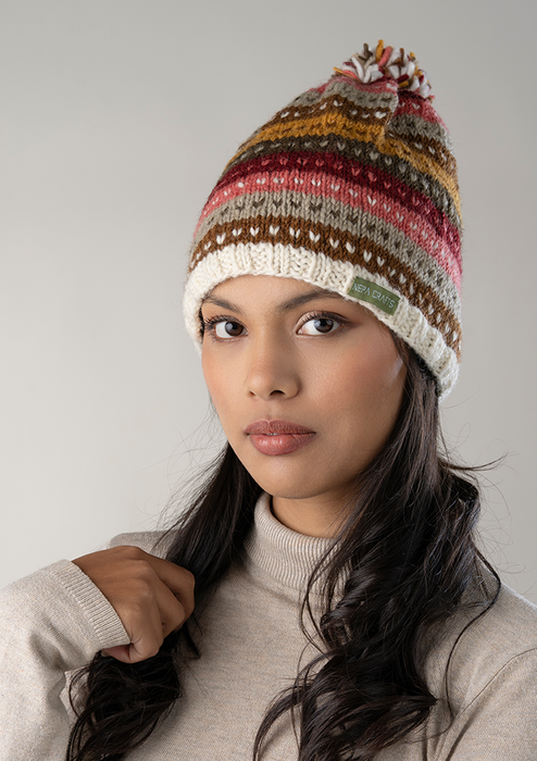Pink and White Multicolored  Love Sherpa Pom Pom Beanie