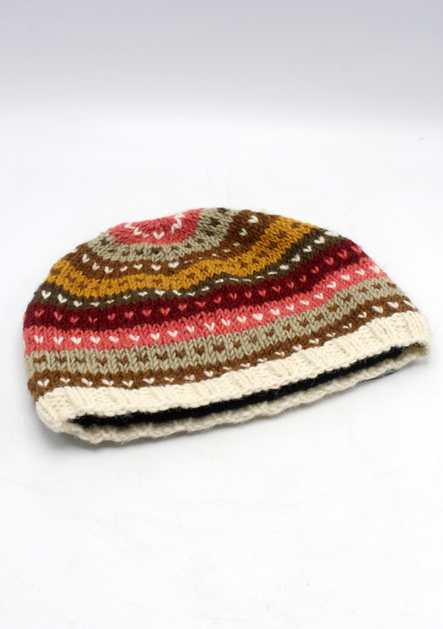 Handknited Pink and White Multicolored Hearshaped Pattern Sherpa Beanies