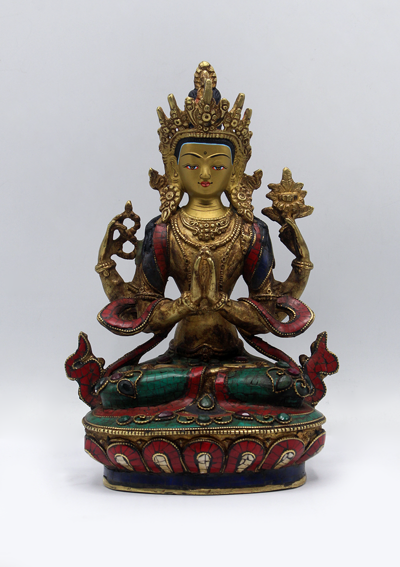 Stone Inlaid Copper Chenrezig Statue 9"H