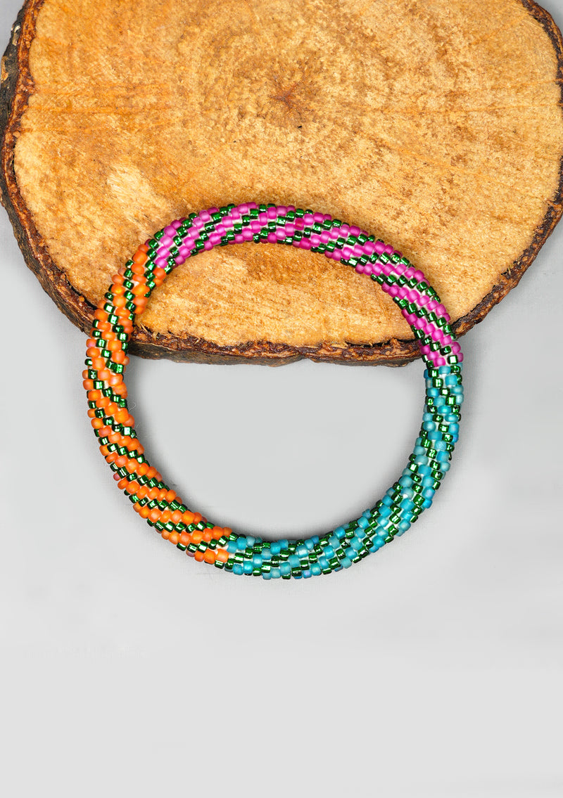 Orange, Pink and Green Mixed Nepalese Roll Beads Bracelet