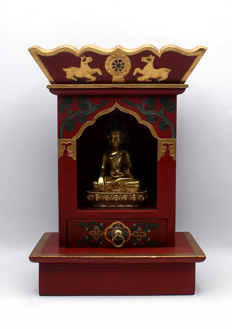 Lotus Tibetan Wooden Shrine Altar Box with Glass