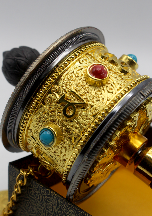 Tibetan Handheld Spinning Prayer Wheel Inlaid Coral and Turquoise
