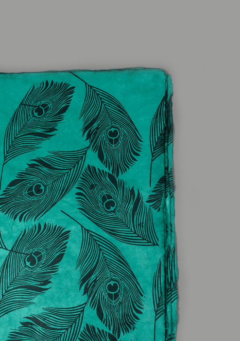 Peacock Feather Printed Green Lokta Paper Gift Wrap