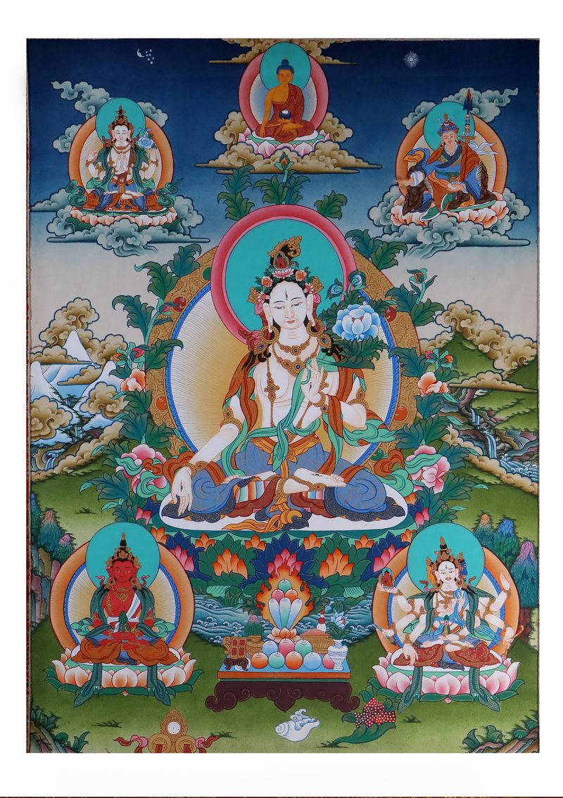 White Tara Brocade Thangka Painting