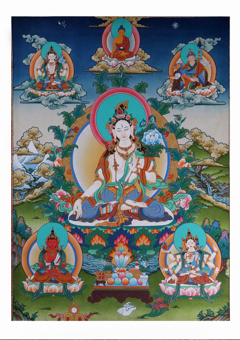 White Tara Brocade Thangka Painting